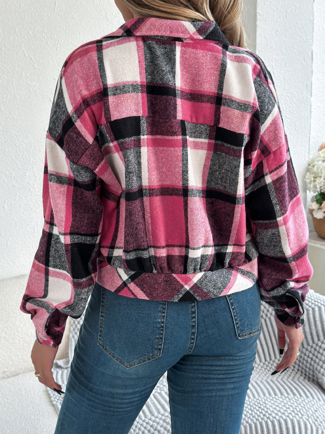 Plaid Button Up Long Sleeve Jacket-Angel Casuals