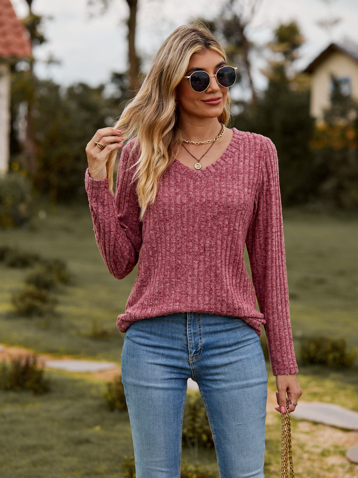 Ribbed V-Neck Long Sleeve Tee-Angel Casuals