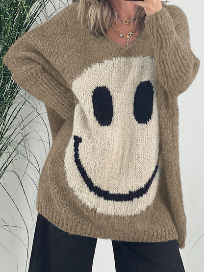 Smiling Face V-Neck Long Sleeve Sweater-Angel Casuals