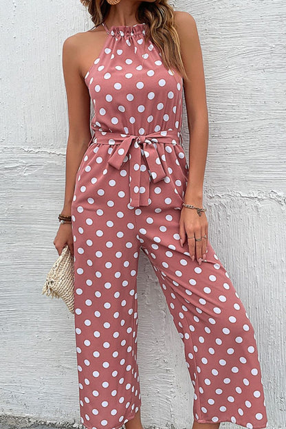 Polka Dot Grecian Wide Leg Jumpsuit-Angel Casuals