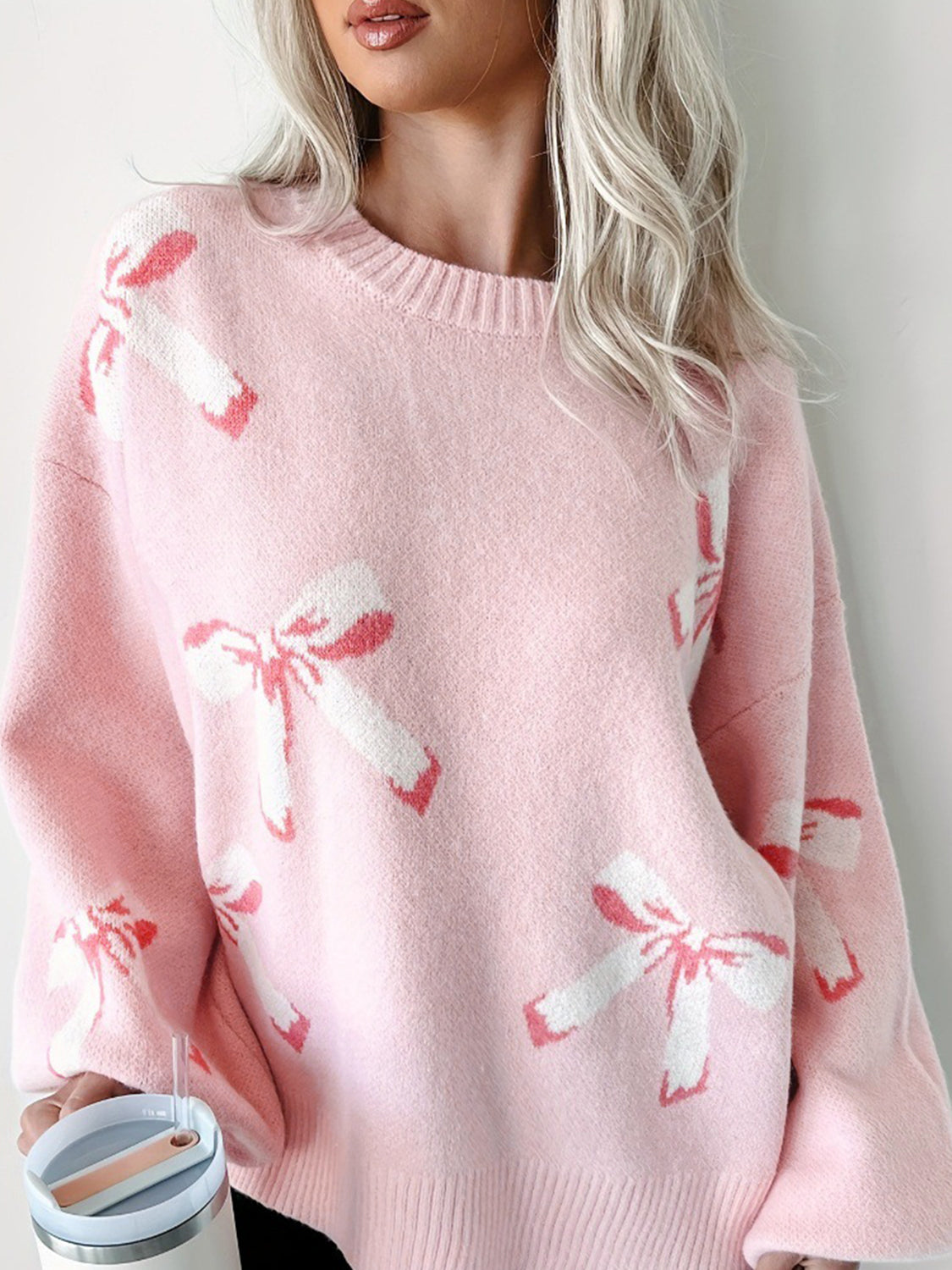 Bow Round Neck Long Sleeve Sweater-Angel Casuals