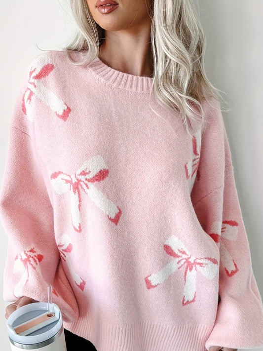 Bow Round Neck Long Sleeve Sweater-Angel Casuals