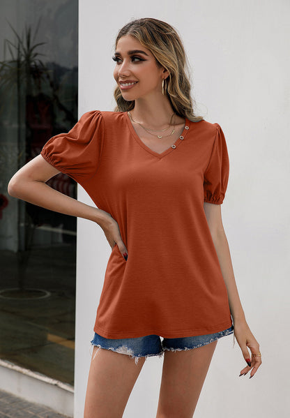 V-Neck Decorative Buttons Puff Sleeve Tee-Angel Casuals