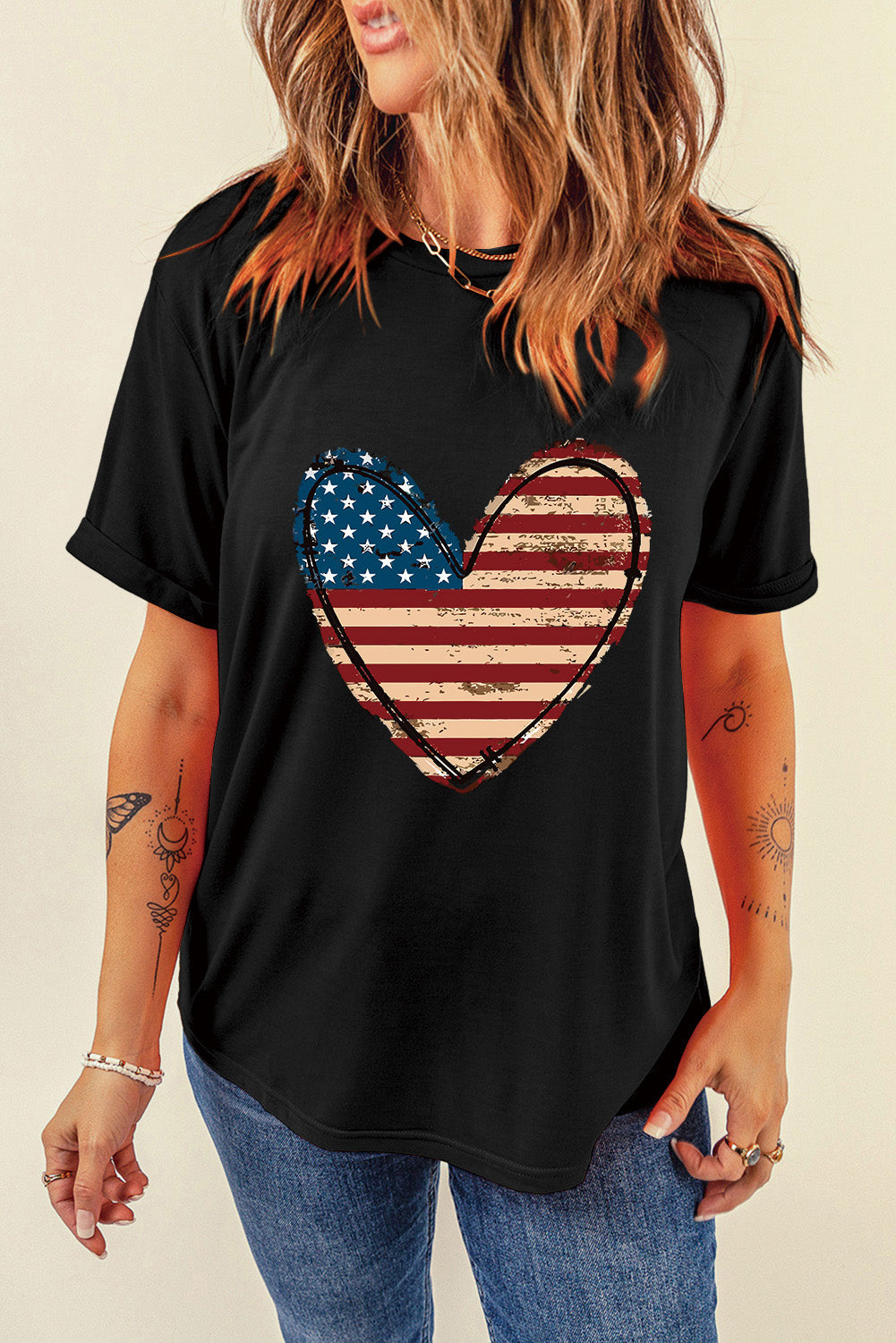 Stars and Stripes Heart Round Neck Short Sleeve T-Shirt-Angel Casuals