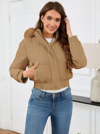 Pocketed Long Sleeve Cropped Hooded Winter Coat-Angel Casuals