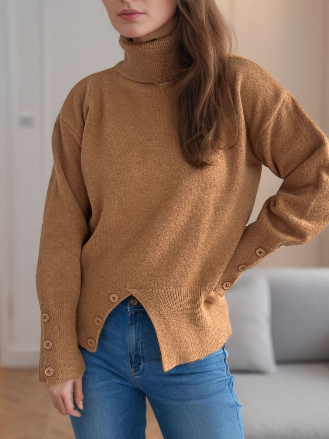 Front Slit Decorative Button Turtleneck Sweater-Angel Casuals