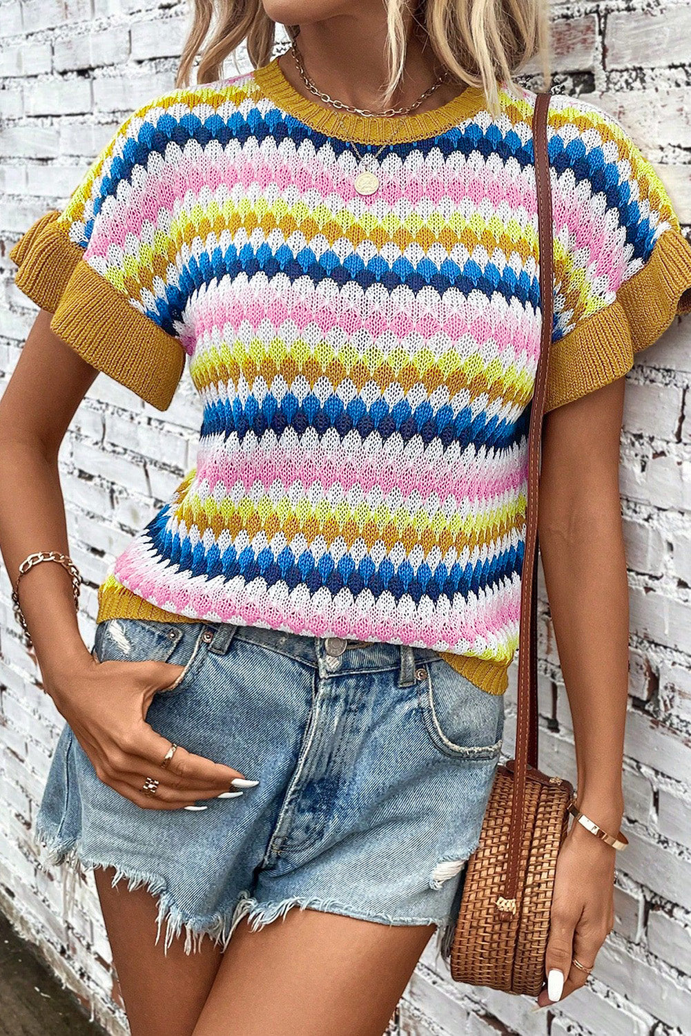 Striped Round Neck Short Sleeve Sweater-Angel Casuals