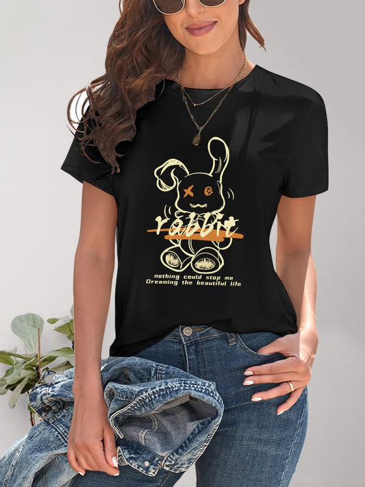 Rabbit Graphic Round Neck Short Sleeve T-Shirt-Angel Casuals