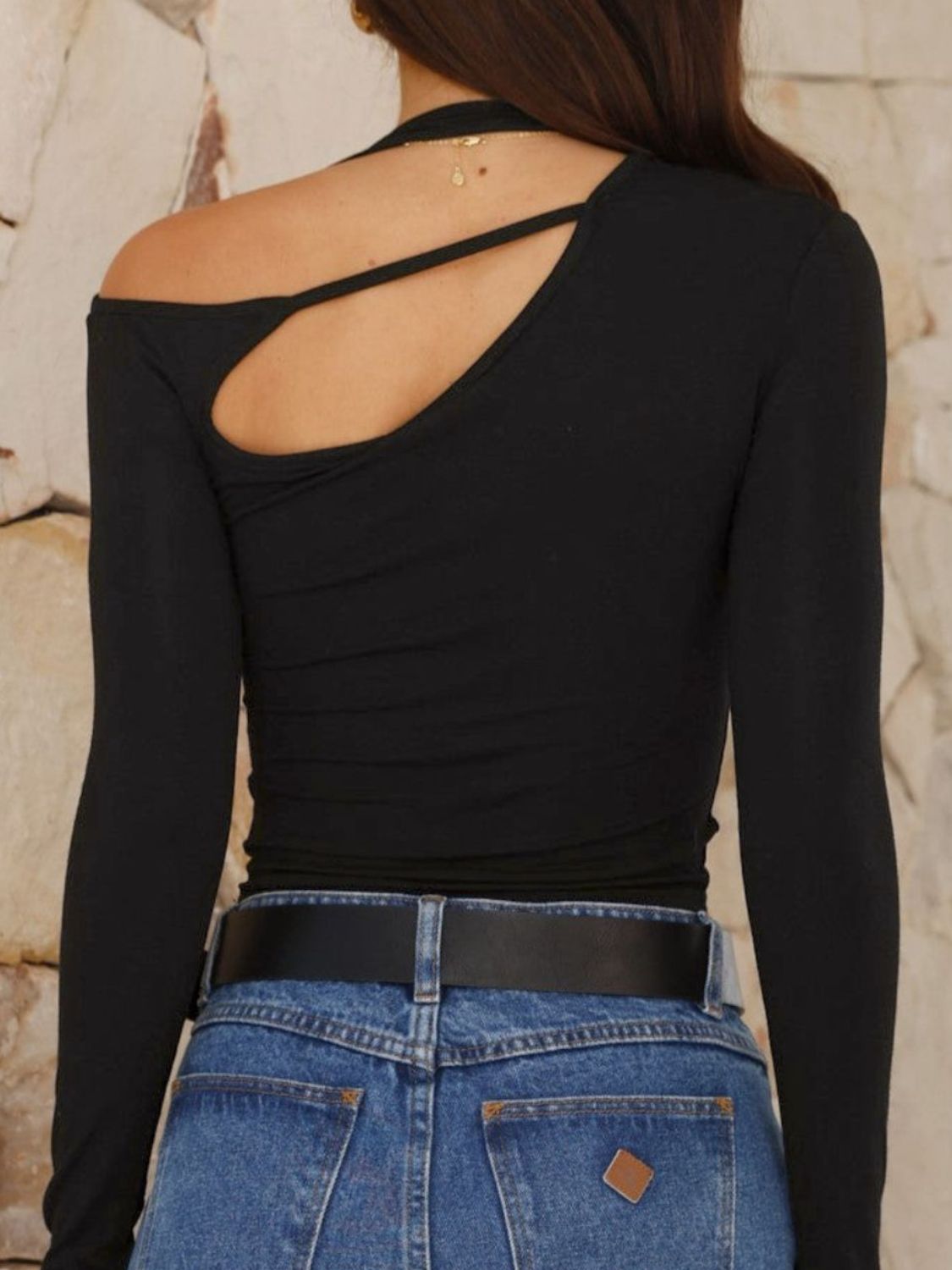 Cutout Asymmetrical Neck Long Sleeve T-Shirt-Angel Casuals