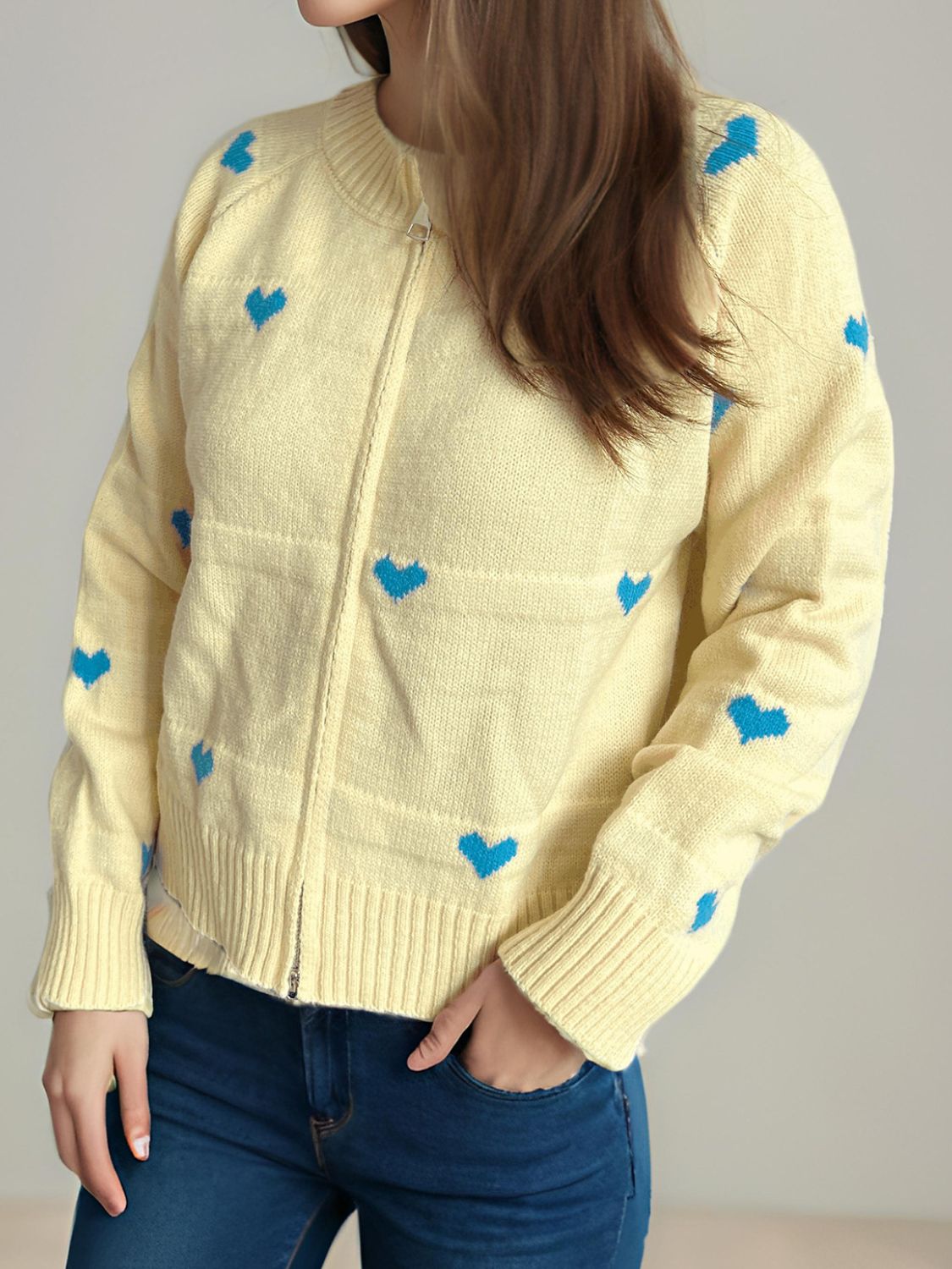 Heart Round Neck Zip Up Cardigan-Angel Casuals