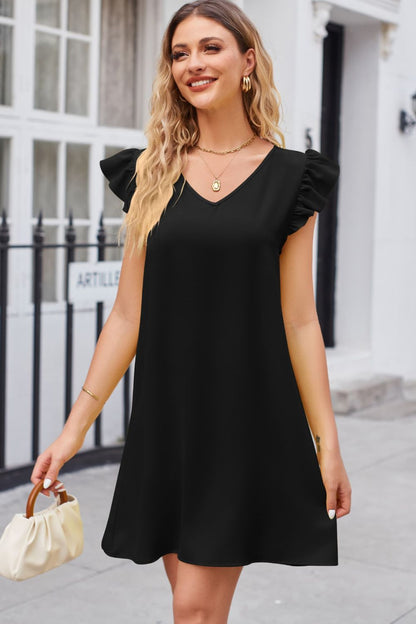 Ruffled V-Neck Flutter Sleeve Dress-Angel Casuals