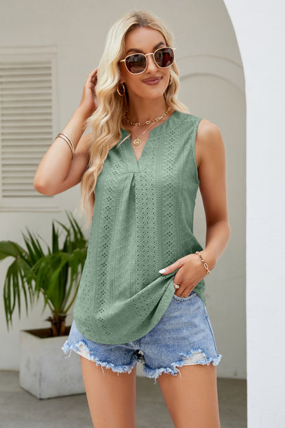 Notched Neck Curved Hem Eyelet Tank-Angel Casuals