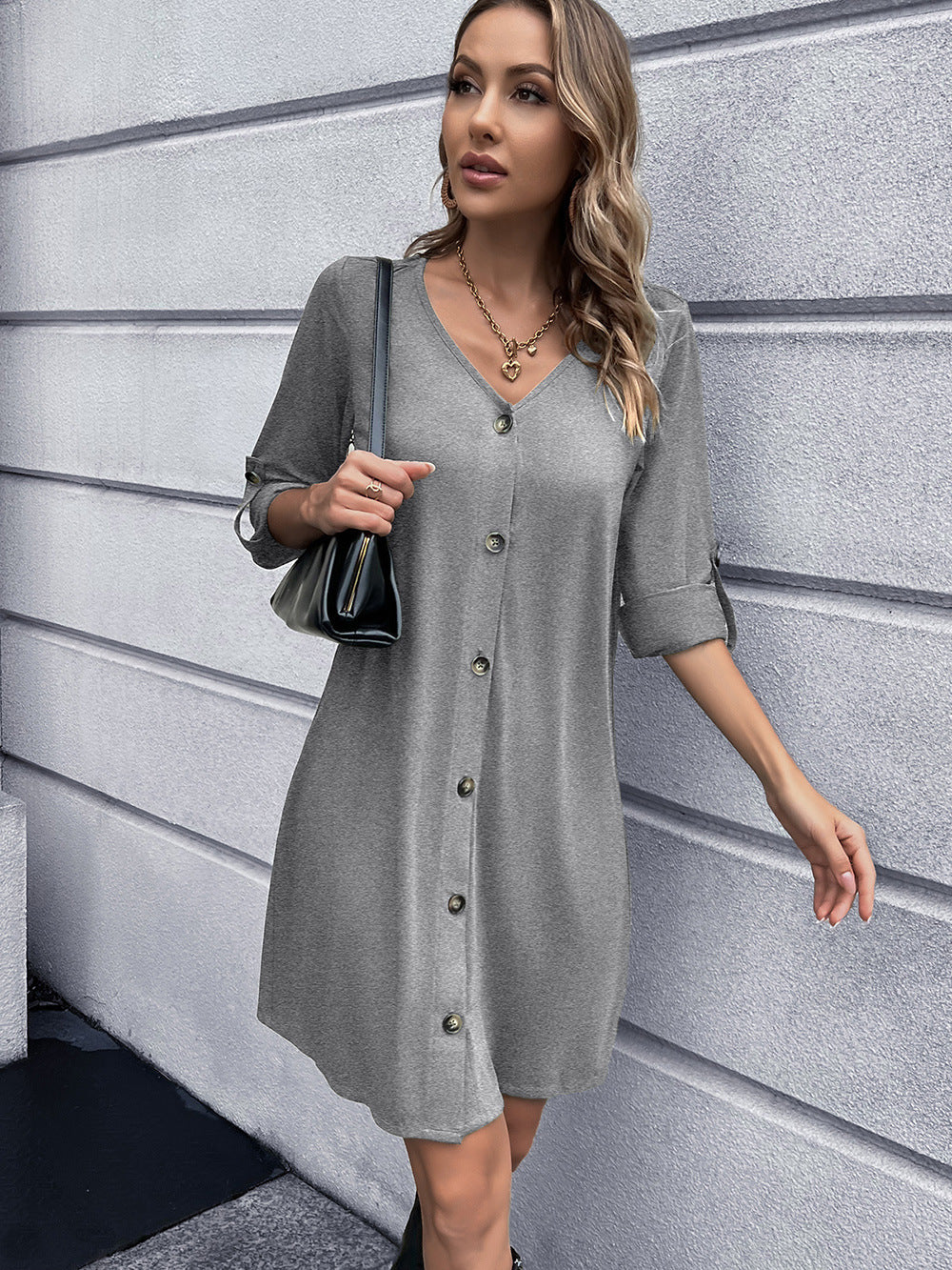 Button Down V-Neck Mini Dress-Angel Casuals