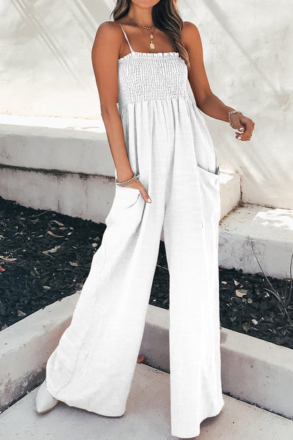 Smocked Spaghetti Strap Wide Leg Jumpsuit-Angel Casuals