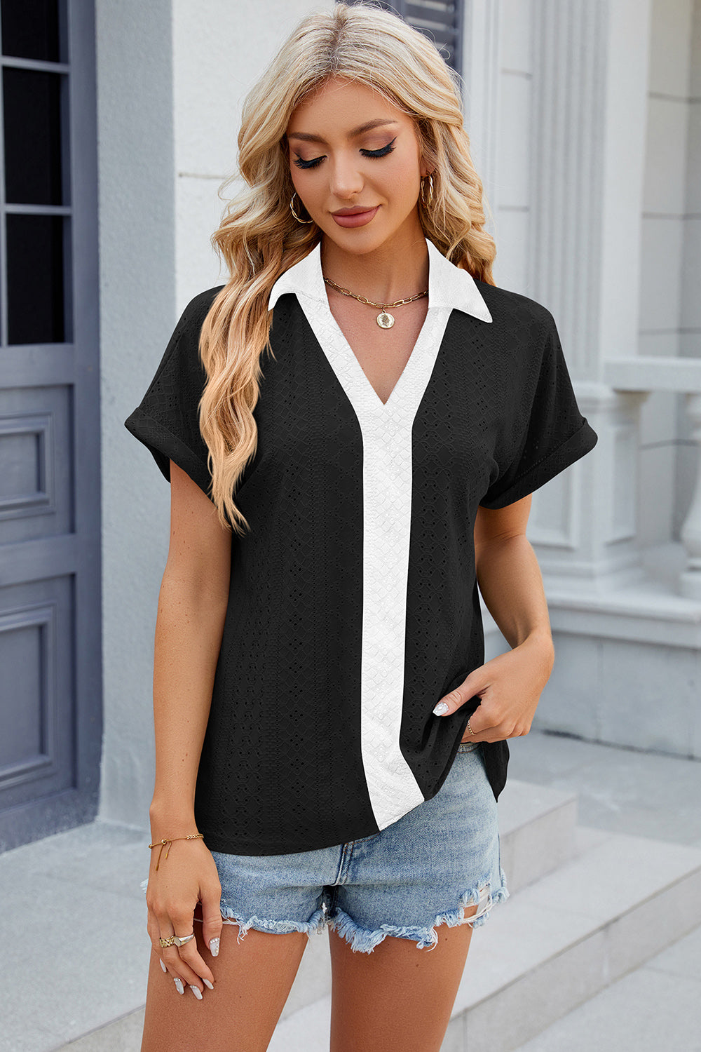 Eyelet Johnny Collar Short Sleeve T-Shirt-Angel Casuals
