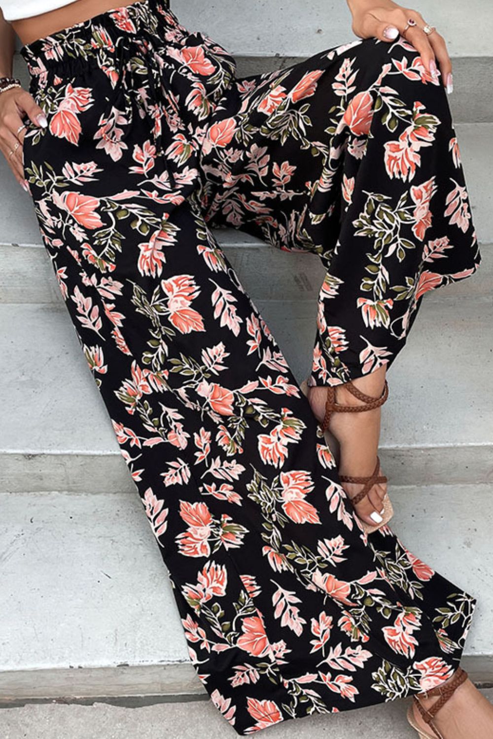 Floral Pull-On Wide Leg Pants-Angel Casuals