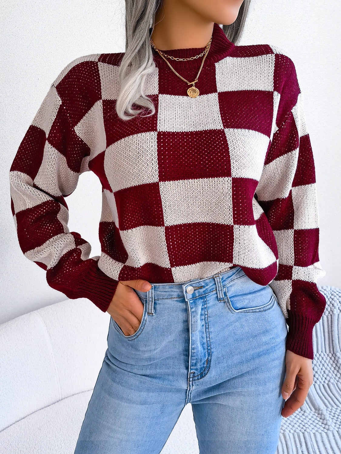 Checkered Mock Neck Long Sleeve Sweater-Angel Casuals