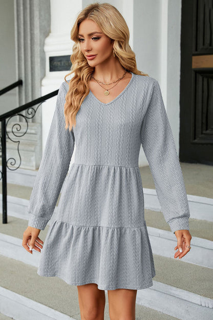 V-Neck Long Sleeve Mini Dress-Angel Casuals