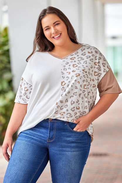 Plus Size Leopard V-Neck T-Shirt-Angel Casuals