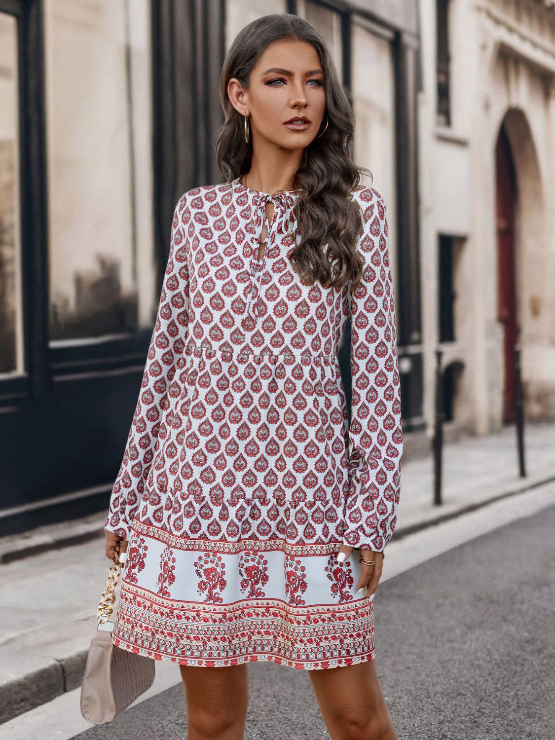 Printed Tie Neck Long Sleeve Dress-Angel Casuals