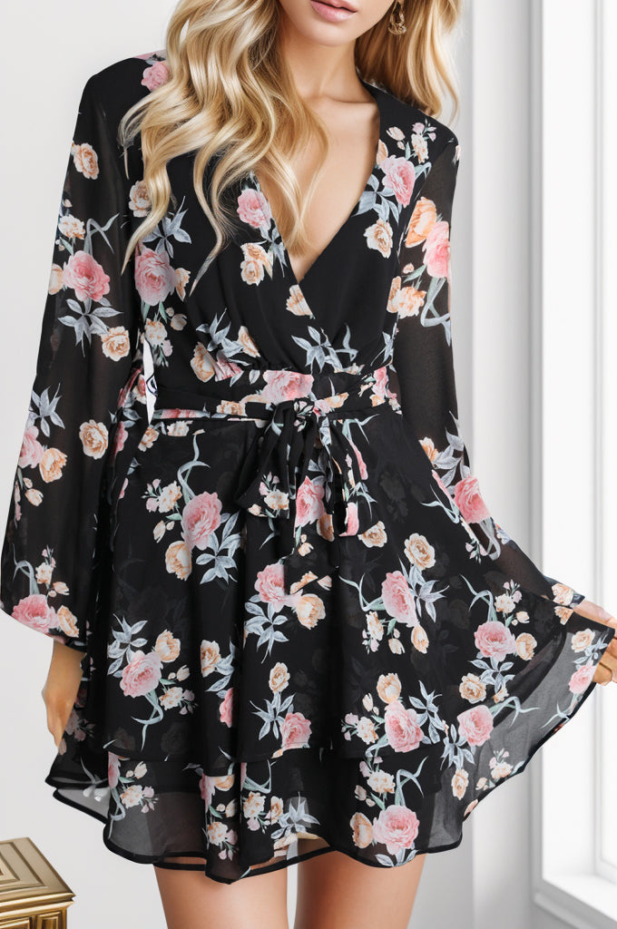 Printed Surplice Balloon Sleeve Mini Dress-Angel Casuals