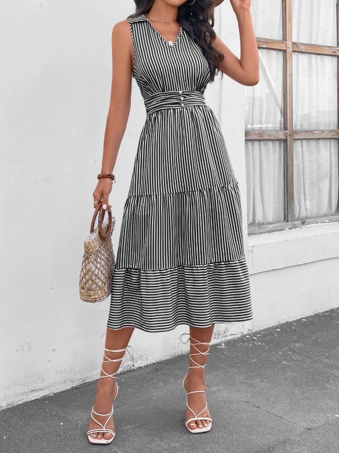 Striped Johnny Collar Sleeveless Midi Dress-Angel Casuals