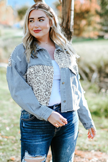 Plus Size Leopard Raw Hem Distressed Spliced Denim Jacket-Angel Casuals