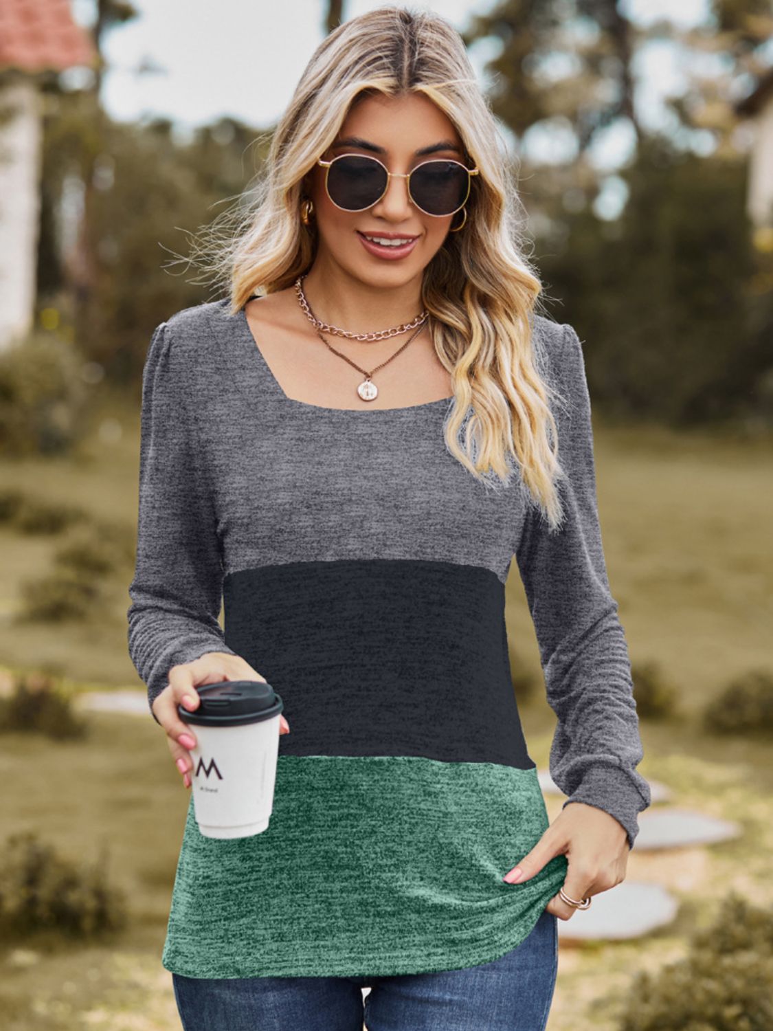 Color Block Square Neck Long Sleeve T-Shirt-Angel Casuals