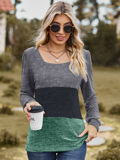 Color Block Square Neck Long Sleeve T-Shirt-Angel Casuals
