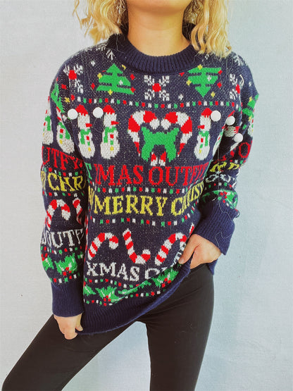 Christmas Pattern Round Neck Long Sleeve Sweater-Angel Casuals