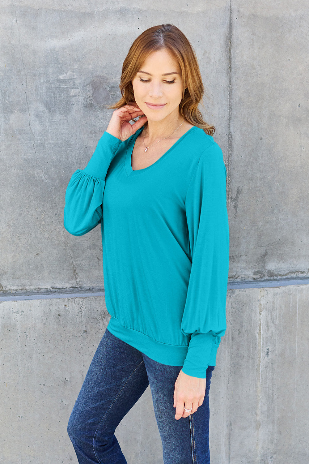 Basic Bae Full Size V-Neck Lantern Sleeve Blouse-Angel Casuals