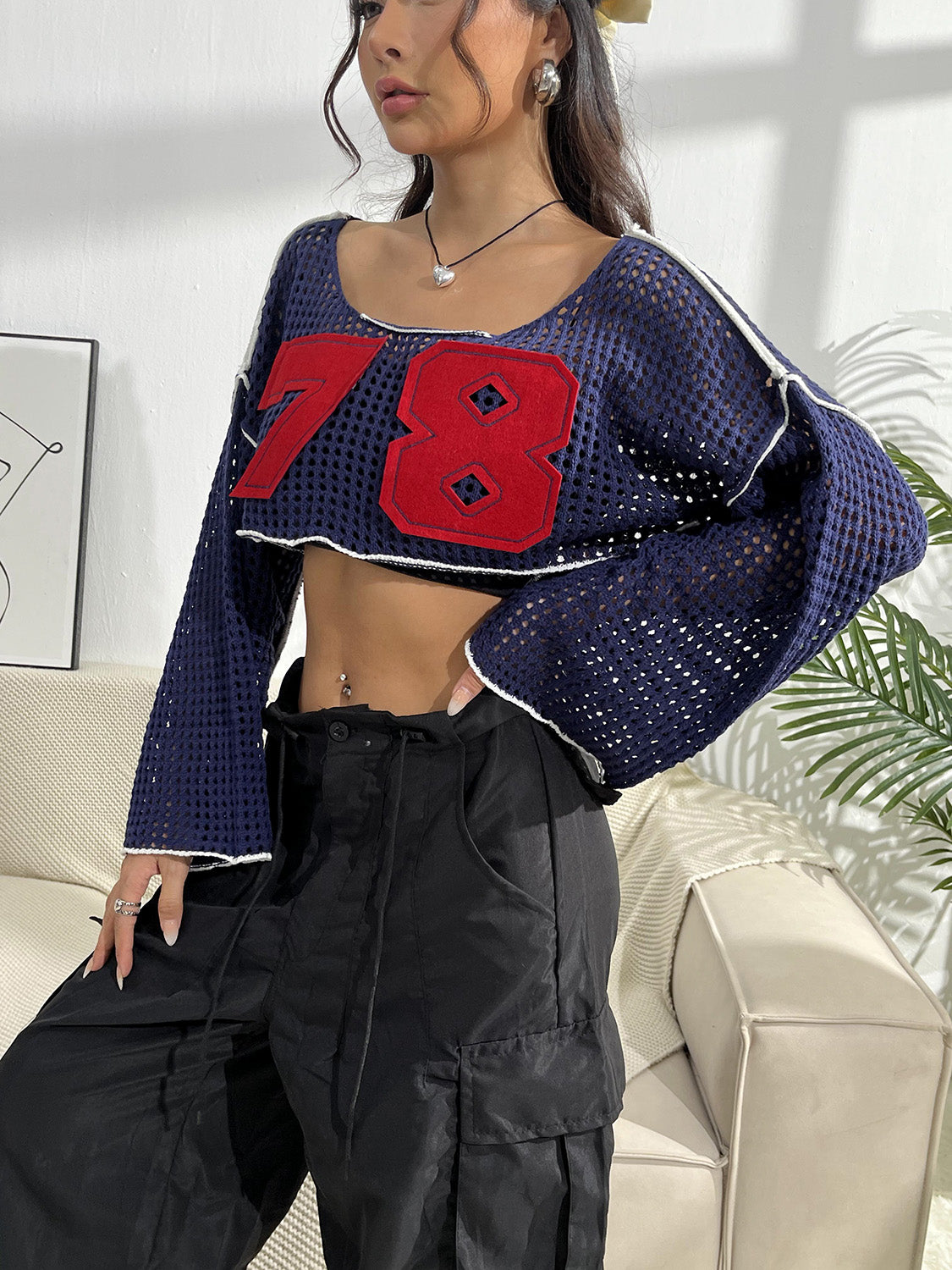 Contrast Patches Long Sleeve Cropped Knit Top-Angel Casuals