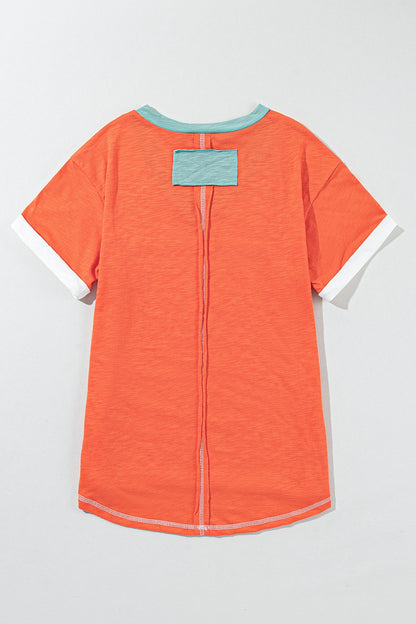 Color Block V-Neck Short Sleeve T-Shirt-Angel Casuals