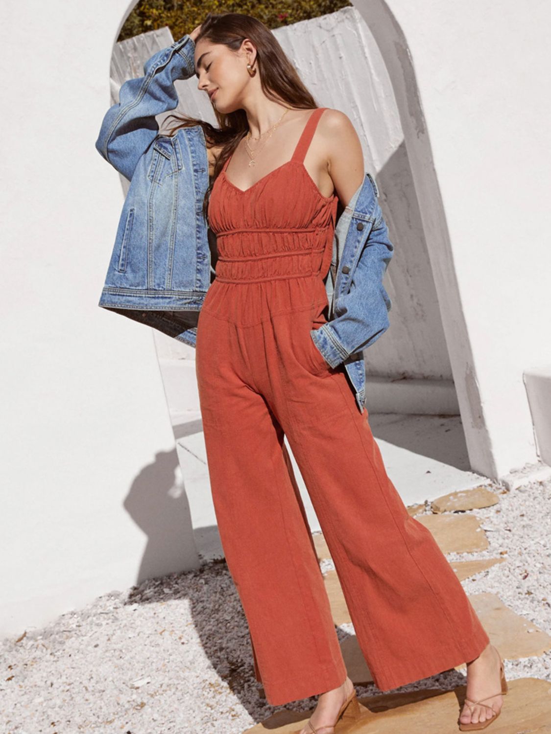 Perfee Ruched Wide Strap Jumpsuit with Pockets-Angel Casuals