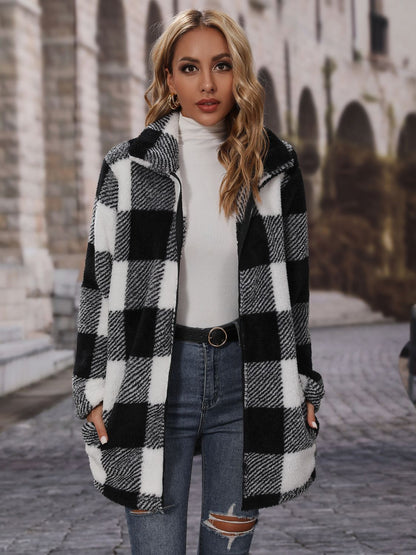 Plaid Collared Neck Coat with Pockets-Angel Casuals