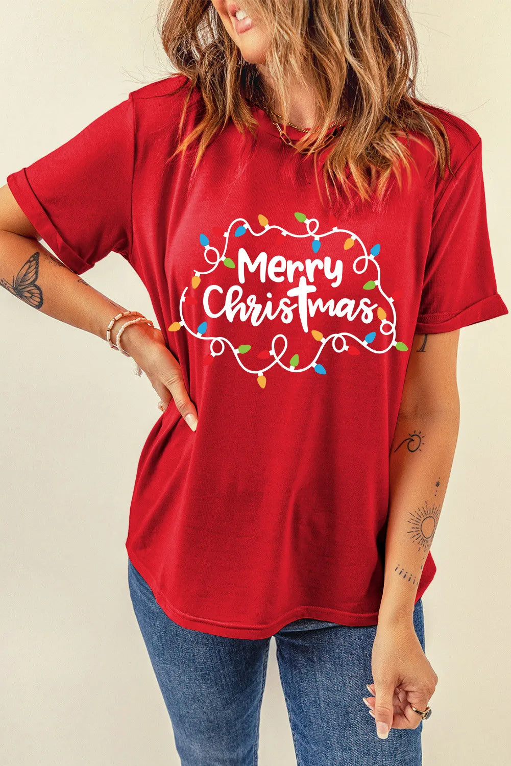 MERRY CHRISTMAS Round Neck Short Sleeve T-Shirt-Angel Casuals