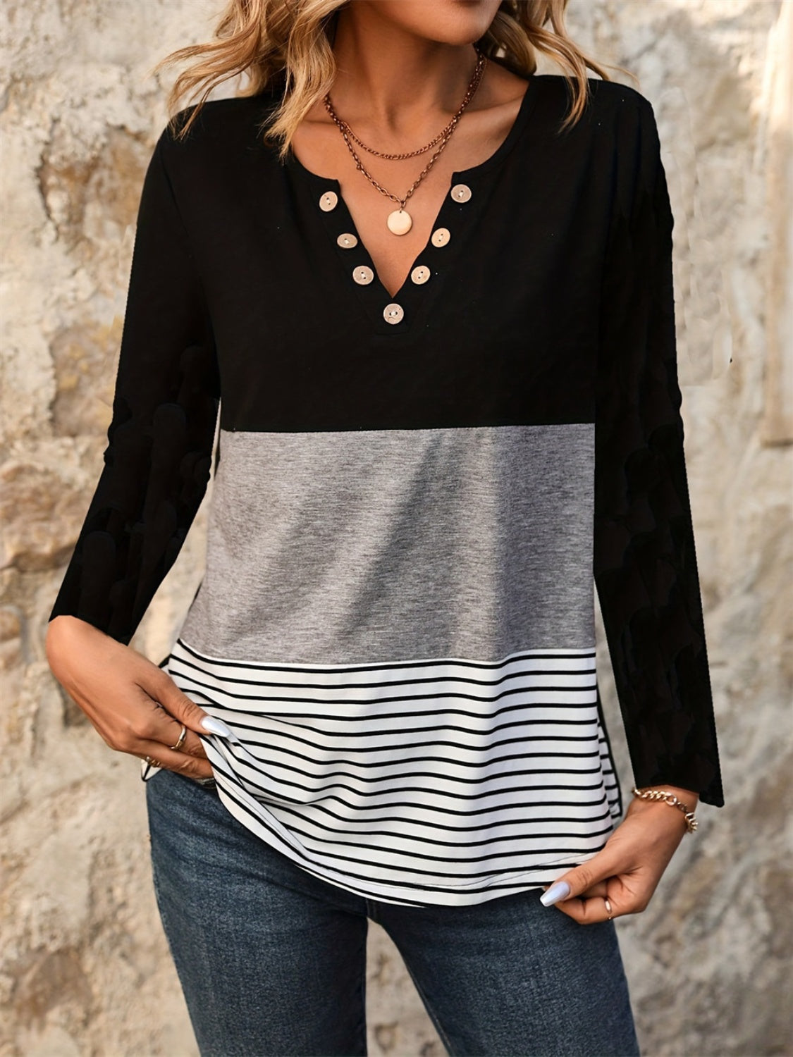 Notched Long Sleeve T-Shirt-Angel Casuals