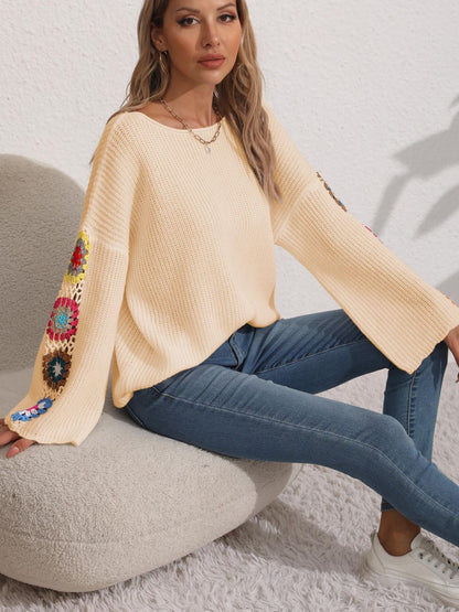 Crochet Flower Long Sleeve Sweater-Angel Casuals