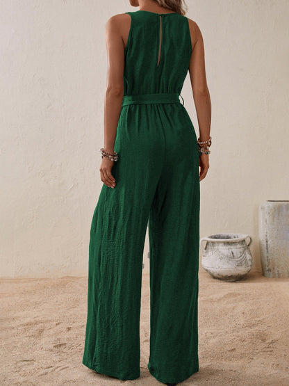 Tied Surplice Sleeveless Wide Leg Jumpsuit-Angel Casuals