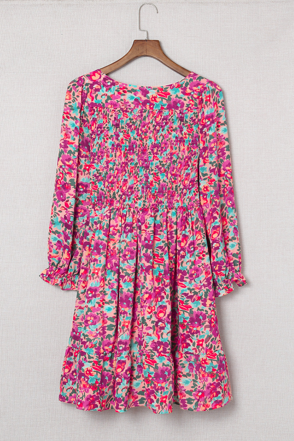 Floral Smocked V-Neck Flounce Sleeve Dress-Angel Casuals