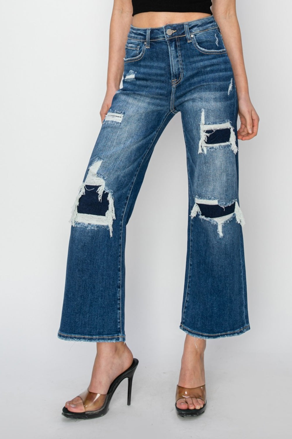 Risen Full Size High Rise Patch Detailed Wide Leg Crop Jeans-Angel Casuals