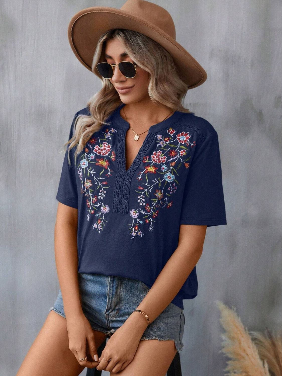 Embroidered Notched Short Sleeve T-Shirt-Angel Casuals