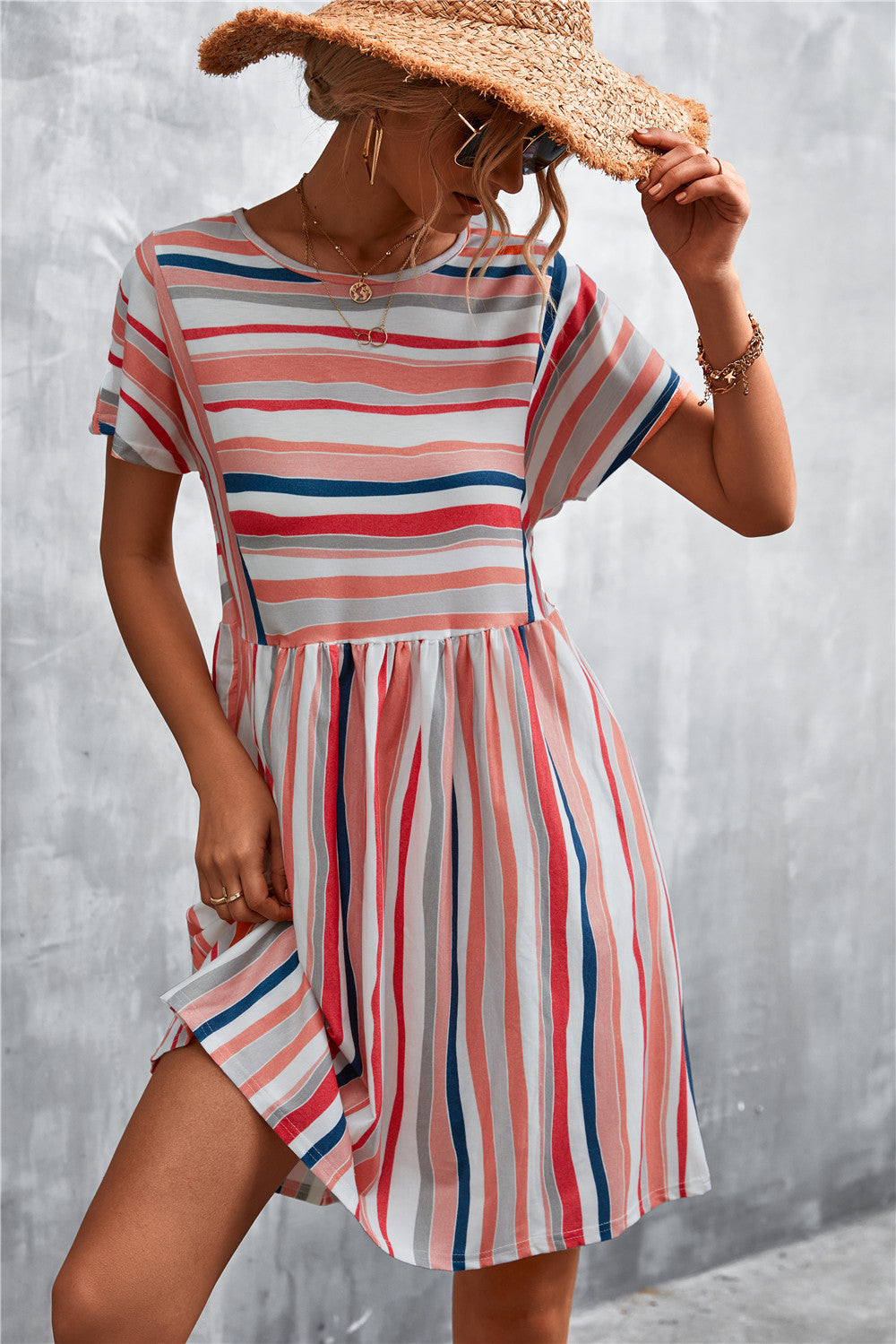 Striped Round Neck Dress-Angel Casuals