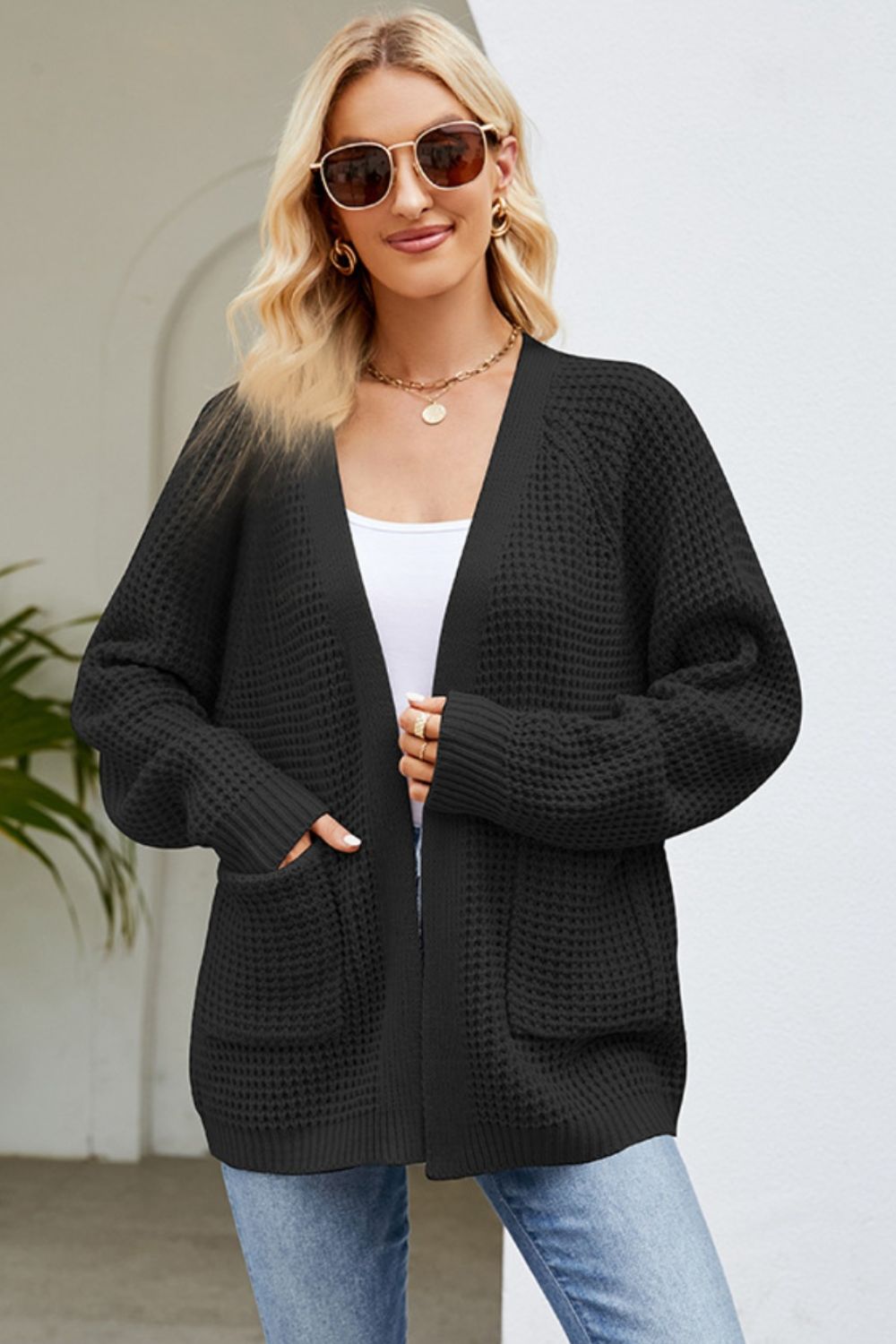 Open Front Raglan Sleeve Pocketed Cardigan-Angel Casuals