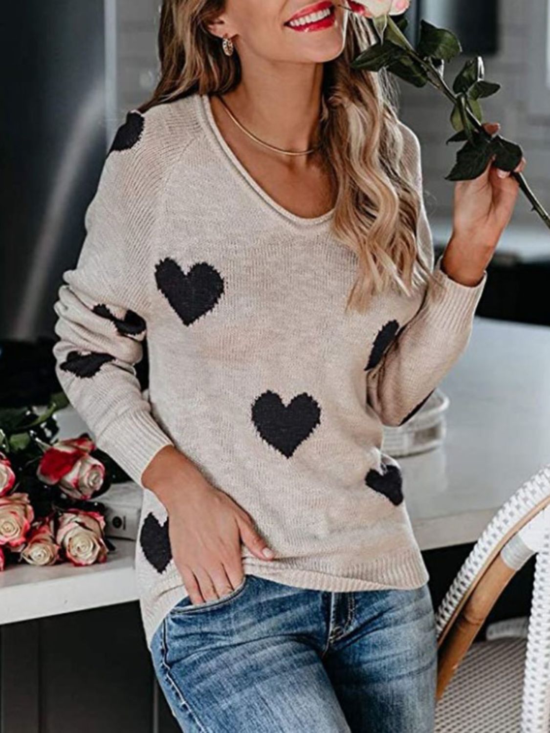 Heart Scoop Neck Long Sleeve Sweater-Angel Casuals