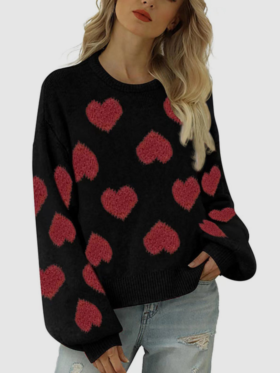 Heart Round Neck Dropped Shoulder Sweater-Angel Casuals