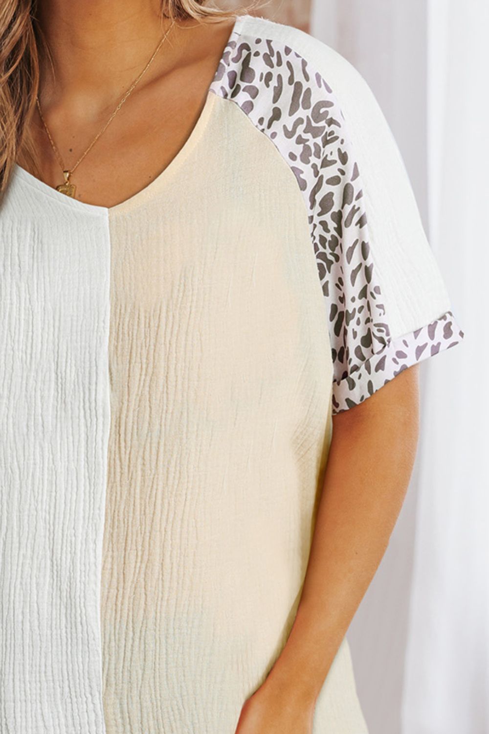 Leopard Color Block V-Neck Top-Angel Casuals