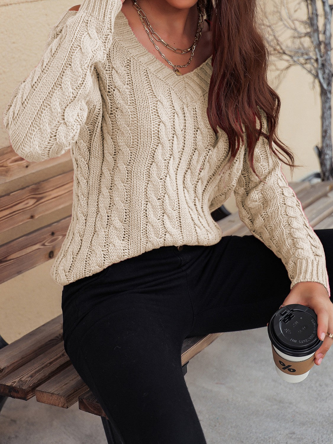 Honey Cable-Knit V-Neck Cold Shoulder Sweater-Angel Casuals