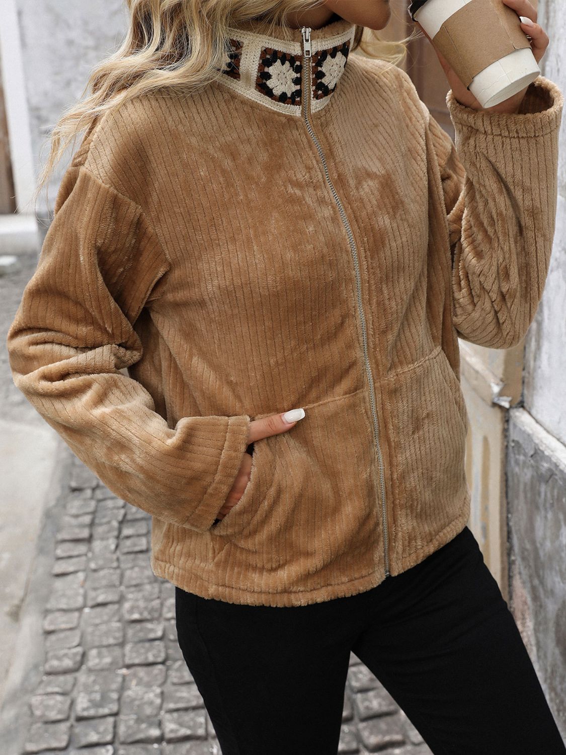 Perfee Pocketed Zip Up Collared Neck Long Sleeve Jacket-Angel Casuals