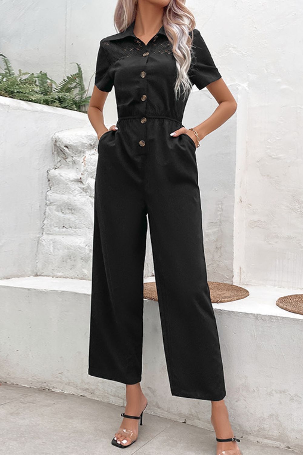 Collared Neck Short Sleeve Jumpsuit-Angel Casuals